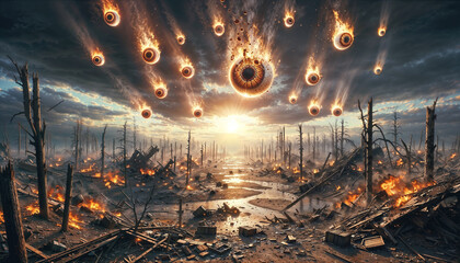 Apocalyptic Vision: Fiery Descent of the All-Seeing Eyes - obrazy, fototapety, plakaty