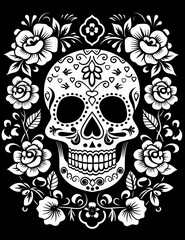 Day of the Dead skull with floral ornament on black background. Vector illustration.