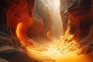 Light in a canyon. Surreal colorful canyon landscape. Background image. Created with Generative AI technology.