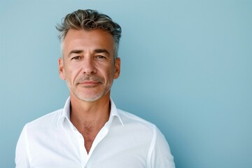 Portrait of a confident middle-aged man in white shirt against a blue background looking at camera...