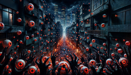 Dystopian Awakening: Eyes of Surveillance in a Futuristic Cityscape