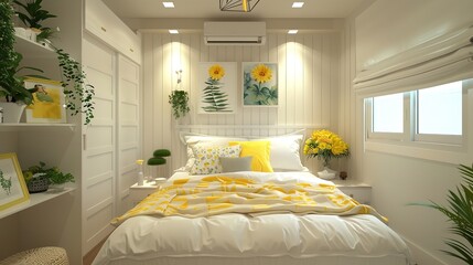 A white bed and yellow and white décor adorn a modest bedroom. Generative Ai