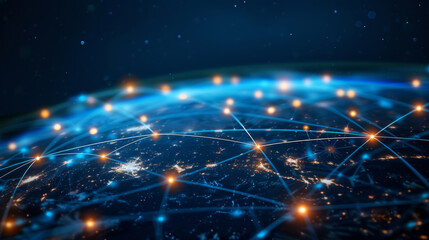 Artistic representation of global network connectivity with bright connections over a dark world map, symbolizing international data exchange.