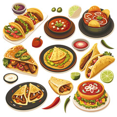 Mexican food icons set with tacos and burritos vector illustration