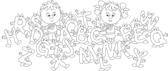 Obraz premium Happy little schoolboy and schoolgirl first graders among funny cartoony letters from ABC book with alphabet for elementary school, black and white vector illustration for a coloring book