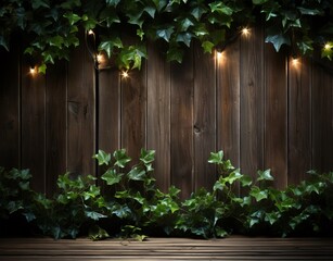 a wooden fence with lights and ivy