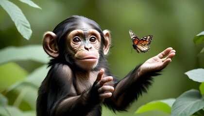 A Curious Baby Chimpanzee Reaching Out To Touch A Upscaled 48 - obrazy, fototapety, plakaty