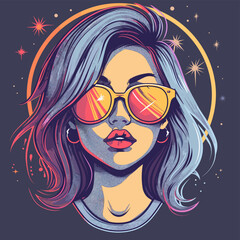 Portrait of beautiful girl with long hair and sunglasses. Vector illustration.
