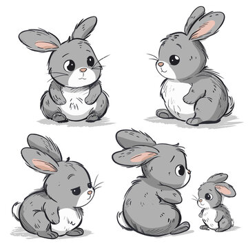 Set of cute cartoon rabbits on a white background. Vector illustration.