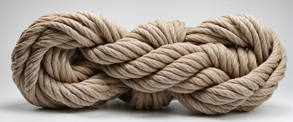 The rope knot is isolated on a white background as a strong nautical line tied together as a symbol of trust and faith and a metaphor for strength or tension - obrazy, fototapety, plakaty