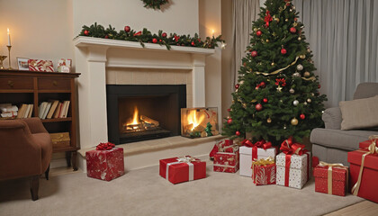 Christmas Tree, Presents, Christmas Decorations and An Open Fire in a Living Room Gifts under Christmas tree in living room