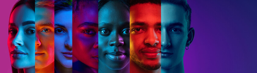 Collage. Cropped portraits of diverse faces divided by color stripes under blue and orange lighting against colorful background. Concept of equality, unification of all nations, ages. Horizontal flyer
