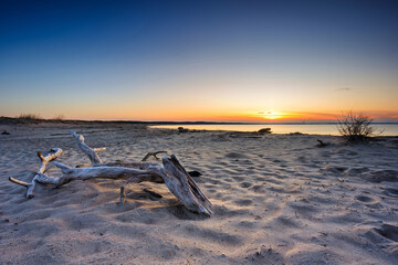 A beautiful sunset on the beach of the Sobieszewo Island at the Baltic Sea at spring. Poland - 763135118
