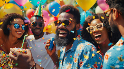 Friends cheerfully celebrate with a birthday cake, balloons, and confetti. - obrazy, fototapety, plakaty