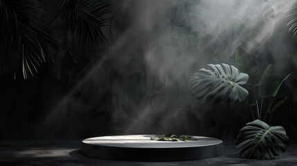 Podium black dark smoke background product platform abstract stage