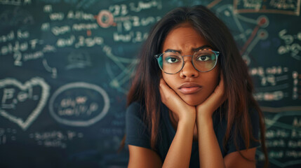 A thoughtful student rests her chin on her hands against a backdrop of complex equations on a chalkboard.