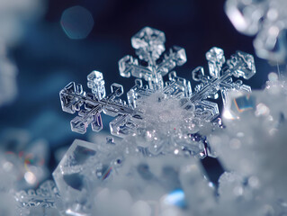 Snowflakes under microscope in deep blue shades of color macro shot, frozen cold concept, winter background