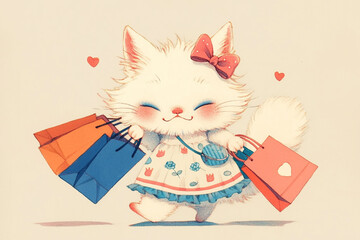 A cute white cat is holding shopping bags and has a bow on its head. The cat is smiling and he is happy