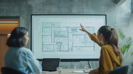Professionals discussing a large blueprint. Two individuals are engaged in a professional discussion, pointing at a large blueprint displayed on a screen - obrazy, fototapety, plakaty