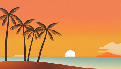 Fototapeta na wymiar Sunset on the beach with palm trees in the background, paper cut art. 