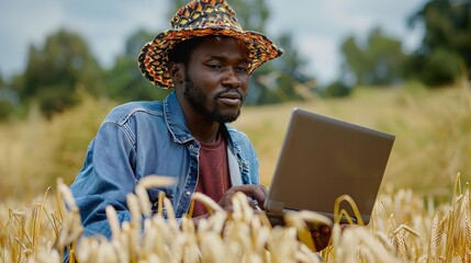 Afro-Caribbean agricultural laborer on a field with barley crops, using laptop. Generative Ai - obrazy, fototapety, plakaty