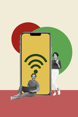 Collage 3d image of pinup pop retro sketch of fast wifi router connection internet device smartphone billboard comics zine minimal