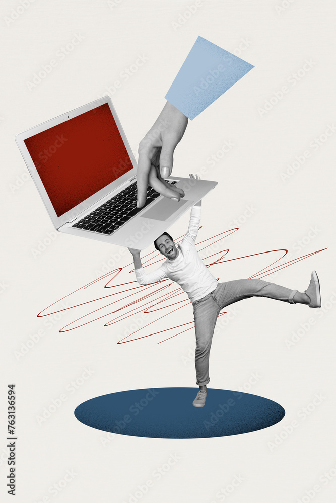 Aufkleber composite collage image of excited man hold netbook remote working process hand typing unusual fanta