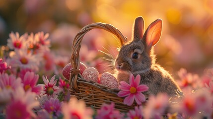 Fototapeta na wymiar An adorable rabbit nestled in a basket with Easter eggs, by pink flowers. Generative Ai