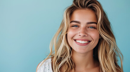 Pretty smiling joyfully female with fair hair, dressed casually, looking with satisfaction at camera, being happy on pastel blue background - obrazy, fototapety, plakaty