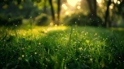 Fresh grass with dew drops in the morning.