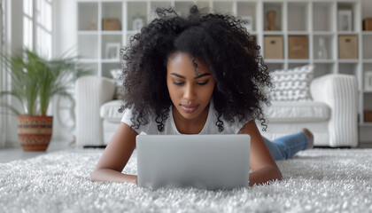 Close up of black american woman lying on carpet, typing on laptop keyboard in bright scandinavian interior of living room. Concept of freelance work at home, studying at home.