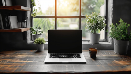 Fototapeta premium Laptop with black screen, mock up on table. Computer, MacBook display close up. Business mockup empty blank space. Modern gadget on wooden table in horizontal position, window in the background