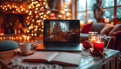 Laptop with black screen, mock up on table. Computer, MacBook display close up. Modern gadget, open book, tea, candles on the table. Window and Christmas tree in the background
