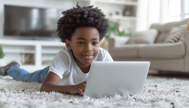 Close up of african american black boy, teenager lying on carpet, typing on laptop keyboard in bright scandinavian interior of living room. Concept of freelance work at home, studying at home.