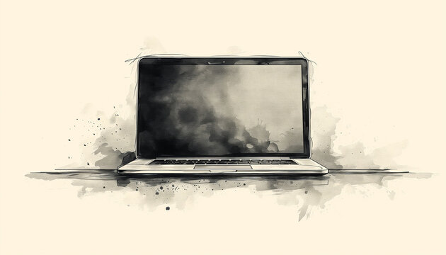 Line art sketch, watercolor drawing of laptop on table on white background.  IT technology, cyberspace