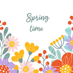 Square multicolored floral card in flat style for spring design with text. Abstract drawing flowers with scribbles, rough edges and handwritten typography for poster, banner, social media.