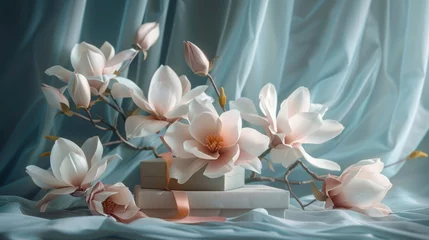 Schilderijen op glas Elegant magnolia flowers with gift boxes on silky fabric, a tranquil still life composition © Hery
