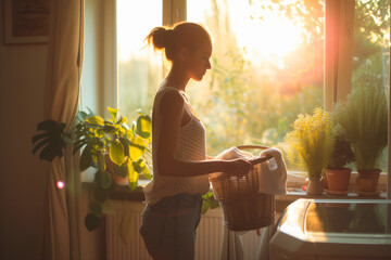 Woman doing laundry at home, warm sunlight through window, domestic life.
 - obrazy, fototapety, plakaty