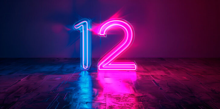 Neon numbers 12 on dark background with pink and blue lights.
