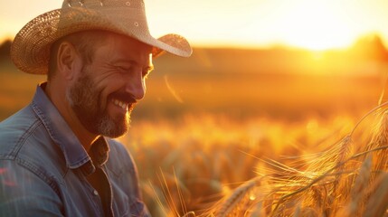 Farmer in Hat Standing in Wheat Field