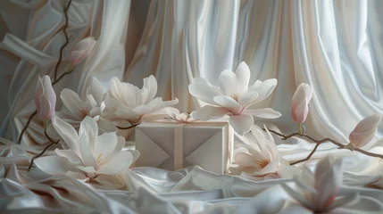 Fotobehang Elegant magnolia flowers with gift boxes on silky fabric, a tranquil still life composition © lemoncraft