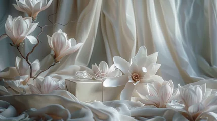 Fotobehang Elegant magnolia flowers with gift boxes on silky fabric, a tranquil still life composition © Hery