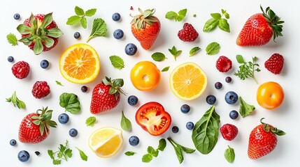 Vegetables, fruits and berries isolated on white background. Top view and flat lay. - obrazy, fototapety, plakaty