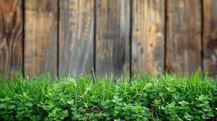 Fresh spring green grass and leafy plants on a wooden fence background