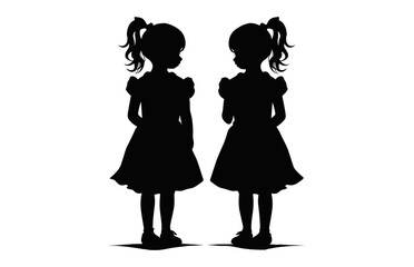 Cute Twin Sister Silhouette black vector, Twins girls silhouette isolated on a white background