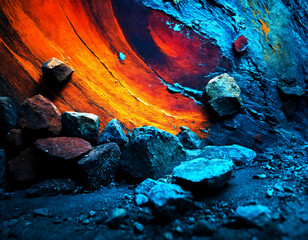 Bright blue stones lie at the foot of an orange mountain.