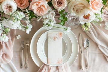 Mockup of a wedding menu on a table, laid flat, in a minimalistic style, with beige and pink colors and silver cutlery, flowers, candles, elegant plates, top view