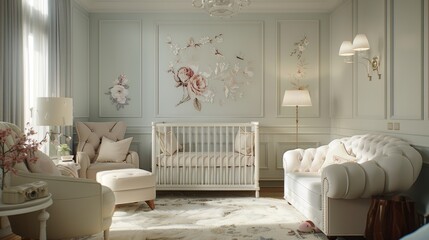 Sophisticated nursery room with plush furnishings and elegant decor in creamy tones