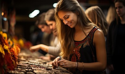 Woman Looking at Gold Coins - obrazy, fototapety, plakaty