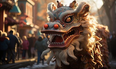 Close-Up of Dragon Mask on Urban Street